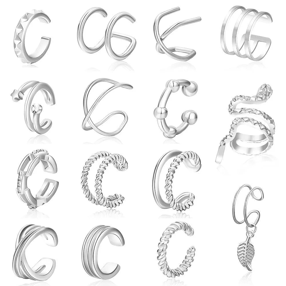15-piece gold clip-on earring set with geometric round and ring shapes on white background