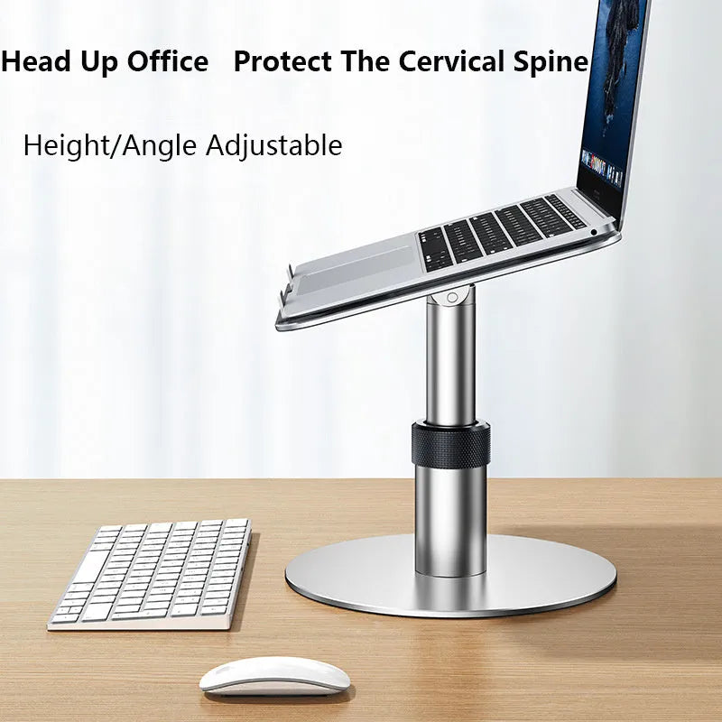 Silver aluminium car laptop stand with height adjustment and rotating base