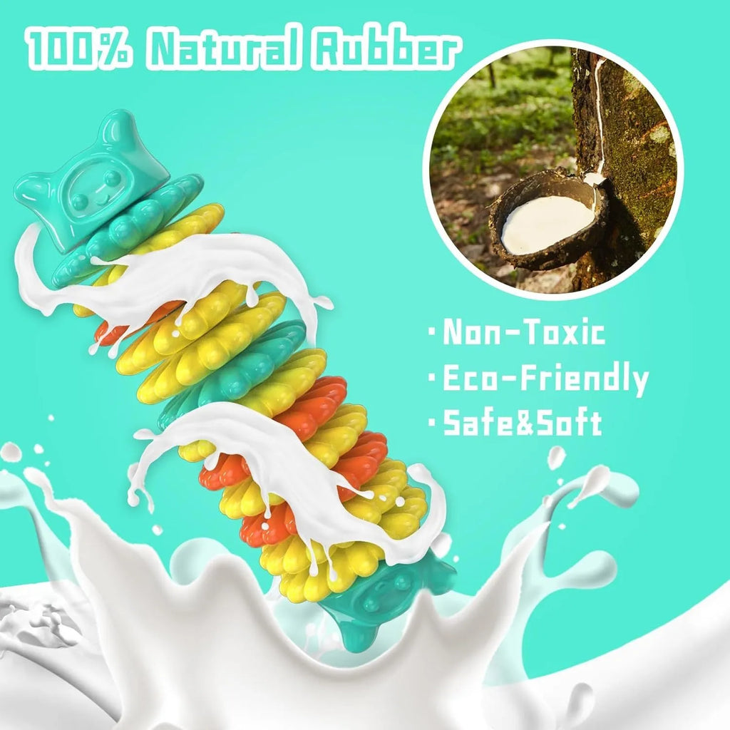 Blue rubber caterpillar-shaped chew toy for dogs on a plain background.