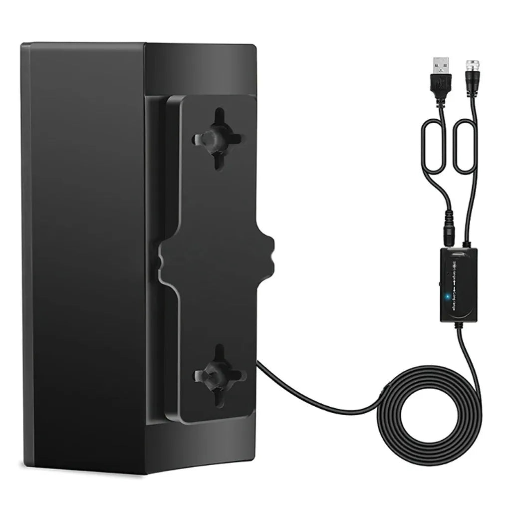 Black indoor digital television antenna with amplifier next to mounting screws, tubes, cable ties, and adhesive tape.