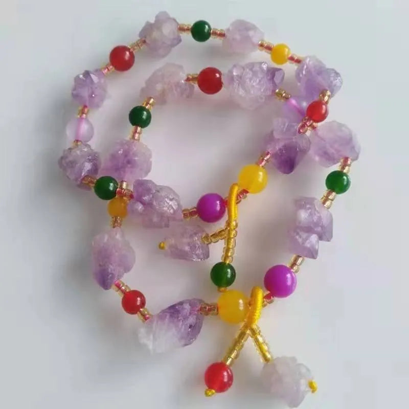 Natural shaped purple amethyst bead bracelet for women featuring a Fu character design element.