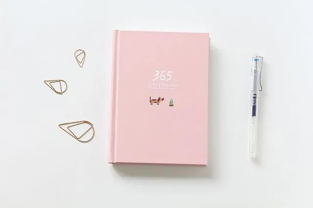 Hardback notebook planner 13.5x18.2cm 228 pages with 365 day plan, dark green or pink cover