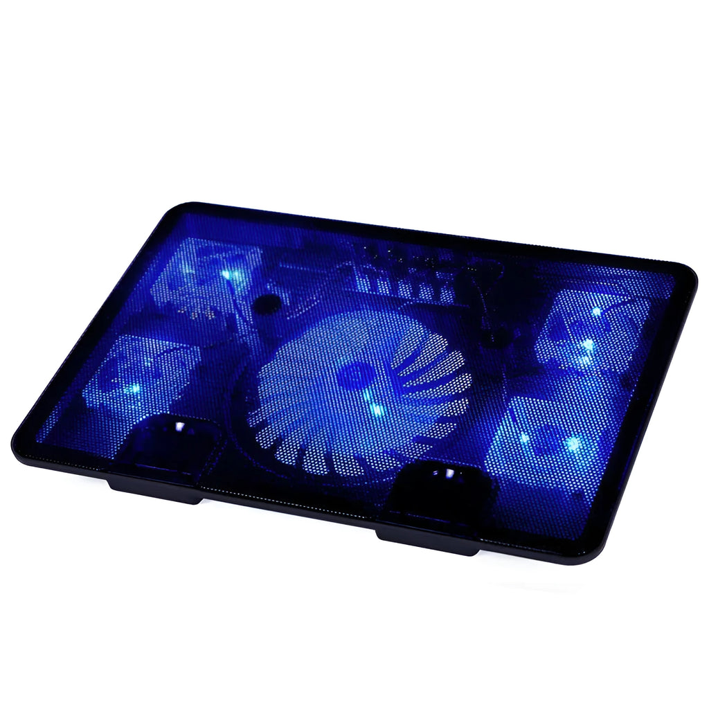 Naju N5 ultra-thin black notebook cooler with large 14.5cm main fan and four small fans on iron mesh panel