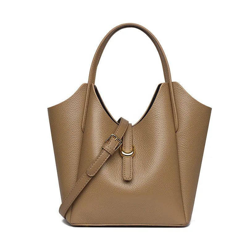 Genuine leather women's hand holding bucket bag in retro style with file bag interior