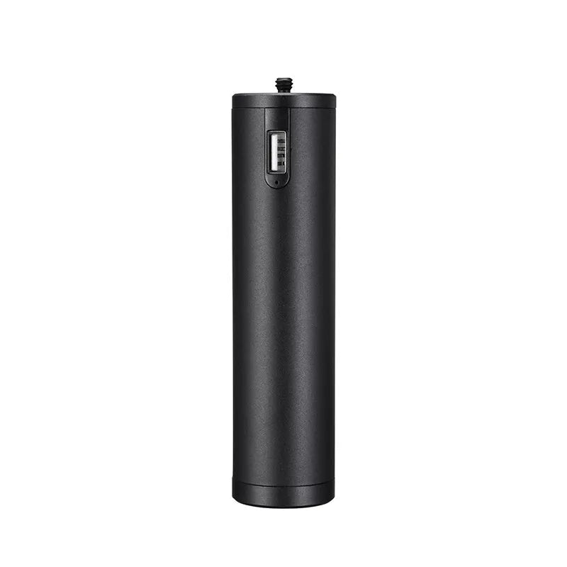 Black aluminium alloy portable power bank with a carry handle, showing its compact size.