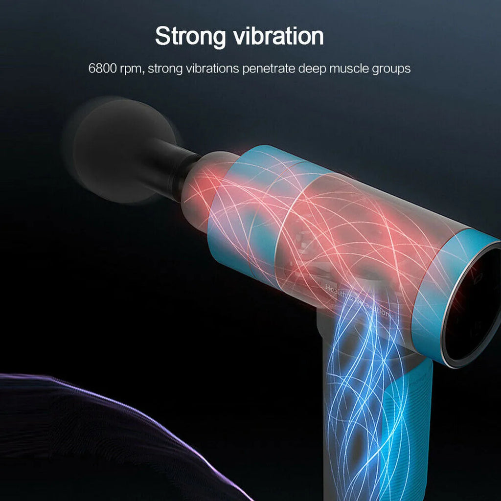 Electric percussion massage gun with ergonomic handle, touch screen, and 4 or 6 massage heads, available in grey, blue, or purple.