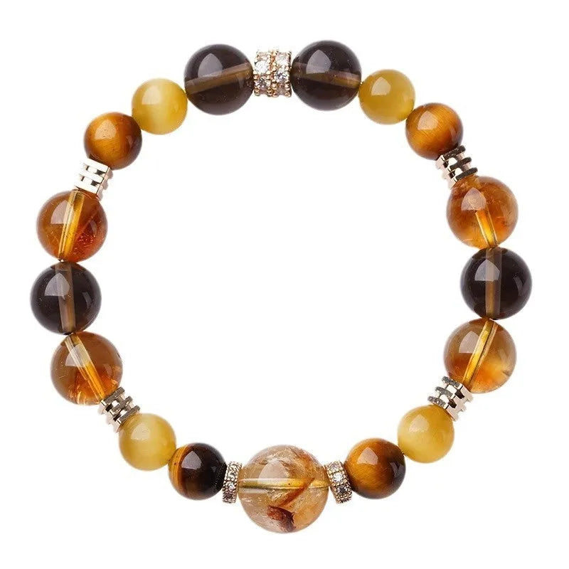 Lucky Jinba natural yellow tiger-eye crystal bracelet with geometric beads, shown in 10MM and 12MM size options.