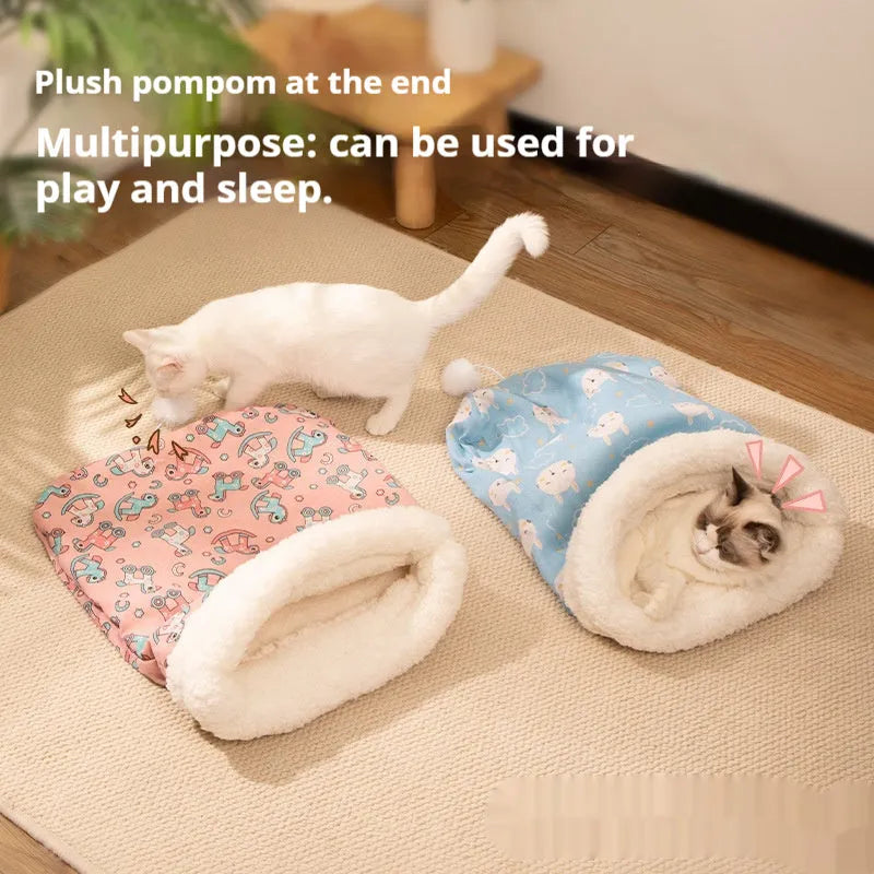 Blue rabbit pattern flannel cat sleeping bag nest bed measuring 50 cm by 40 cm.