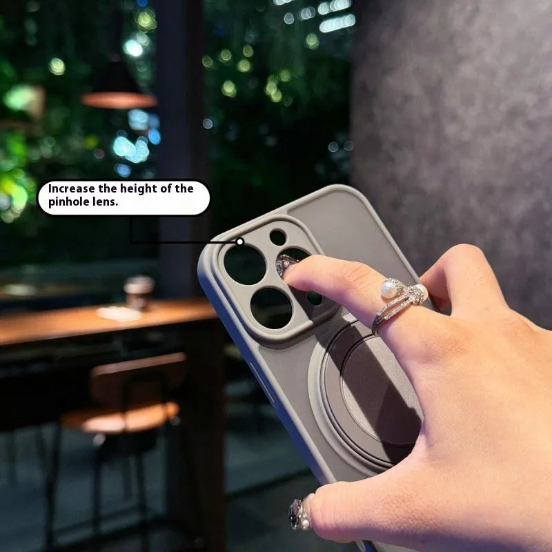 Magnetic suction pivot phone case for iPhone, black colour, with visible stand bracket and frosted finish