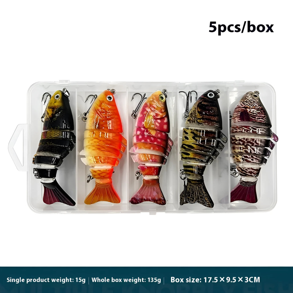 Multi-section tossing submerged simulation bait 5 pack in multi-colour metal plastic fishing lures