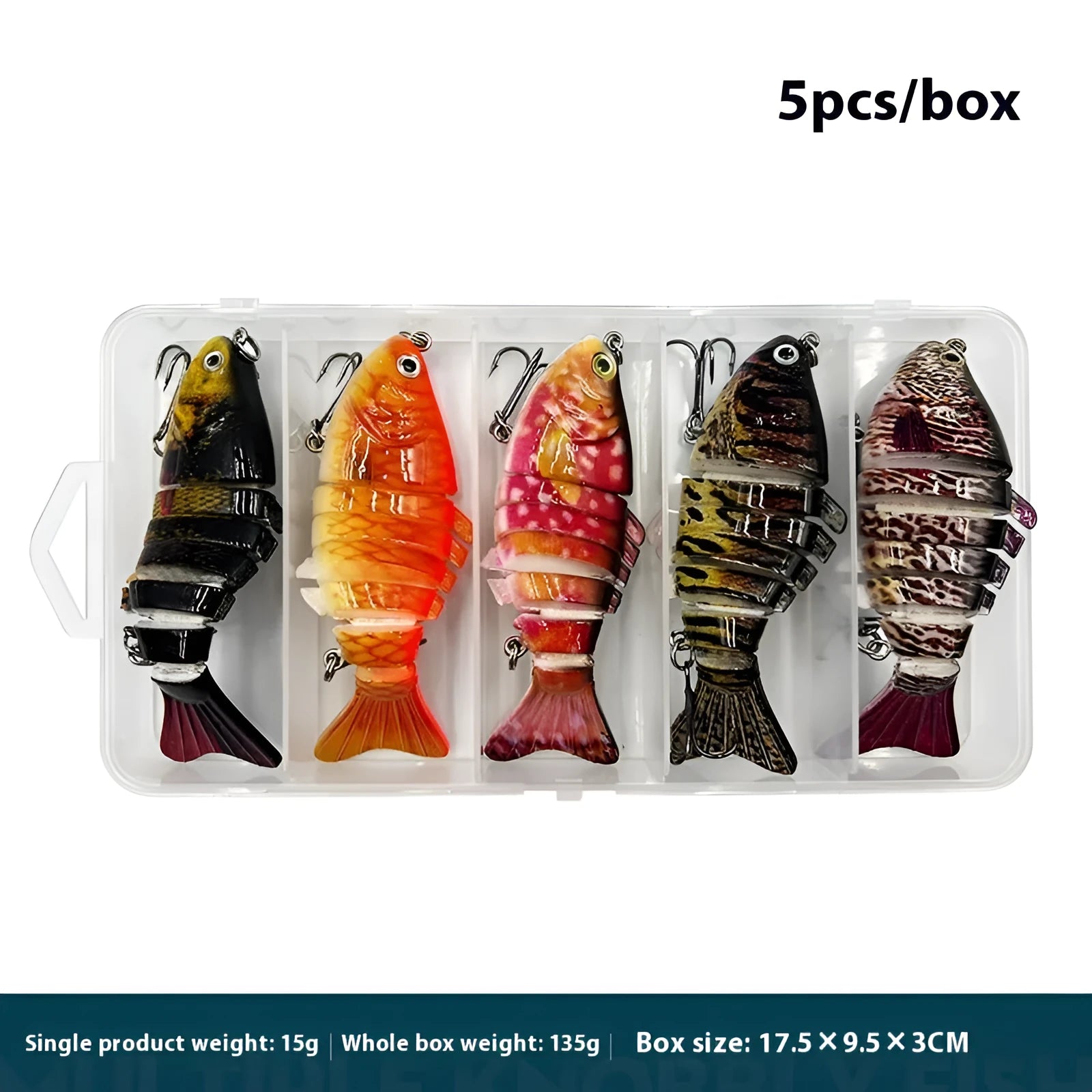Multi-section tossing submerged simulation bait 5 pack in multi-colour metal plastic fishing lures