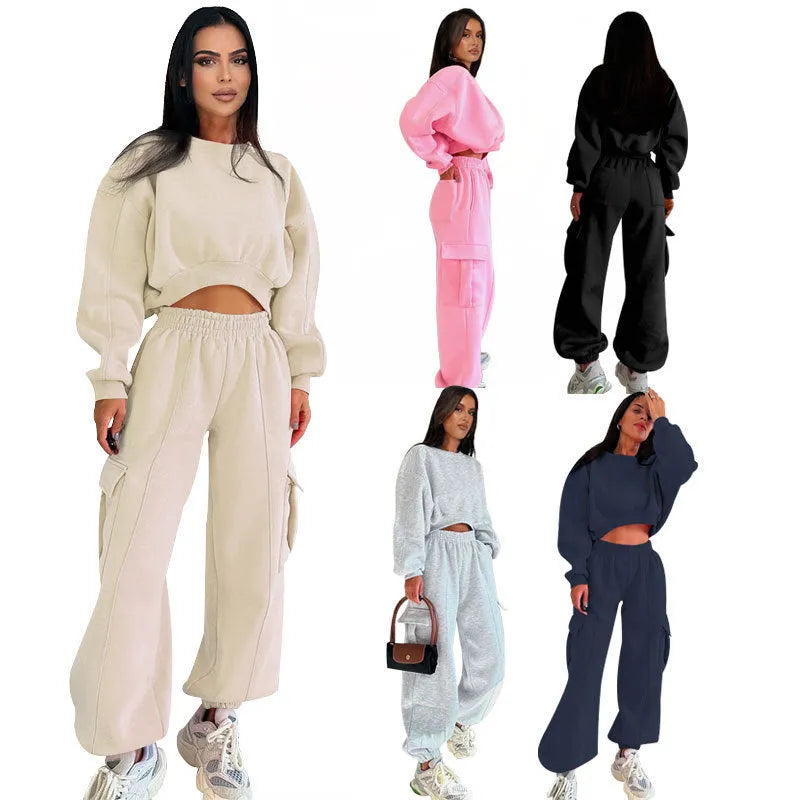 Women's two-piece sweatshirt and sweatpants set with pockets, high waist, loose fit, available in five colours