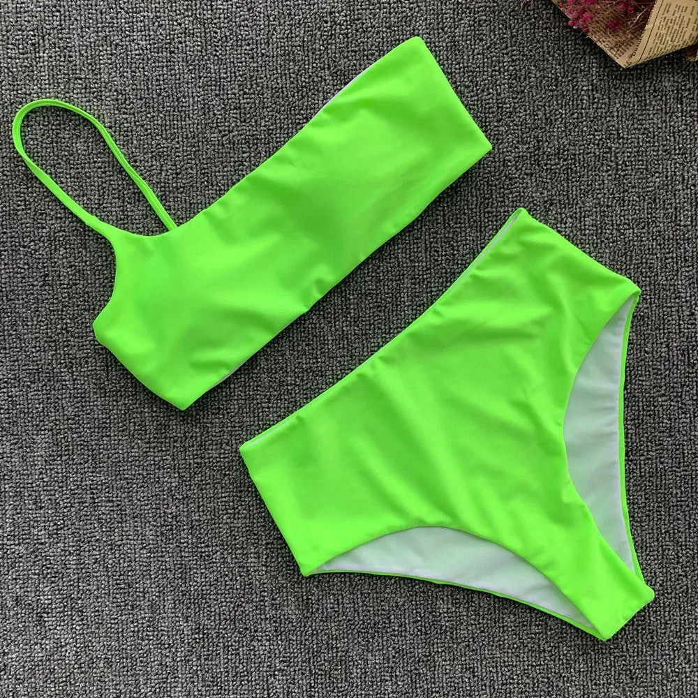 Summer bikini two piece spandex swimsuit in green and rose red for women