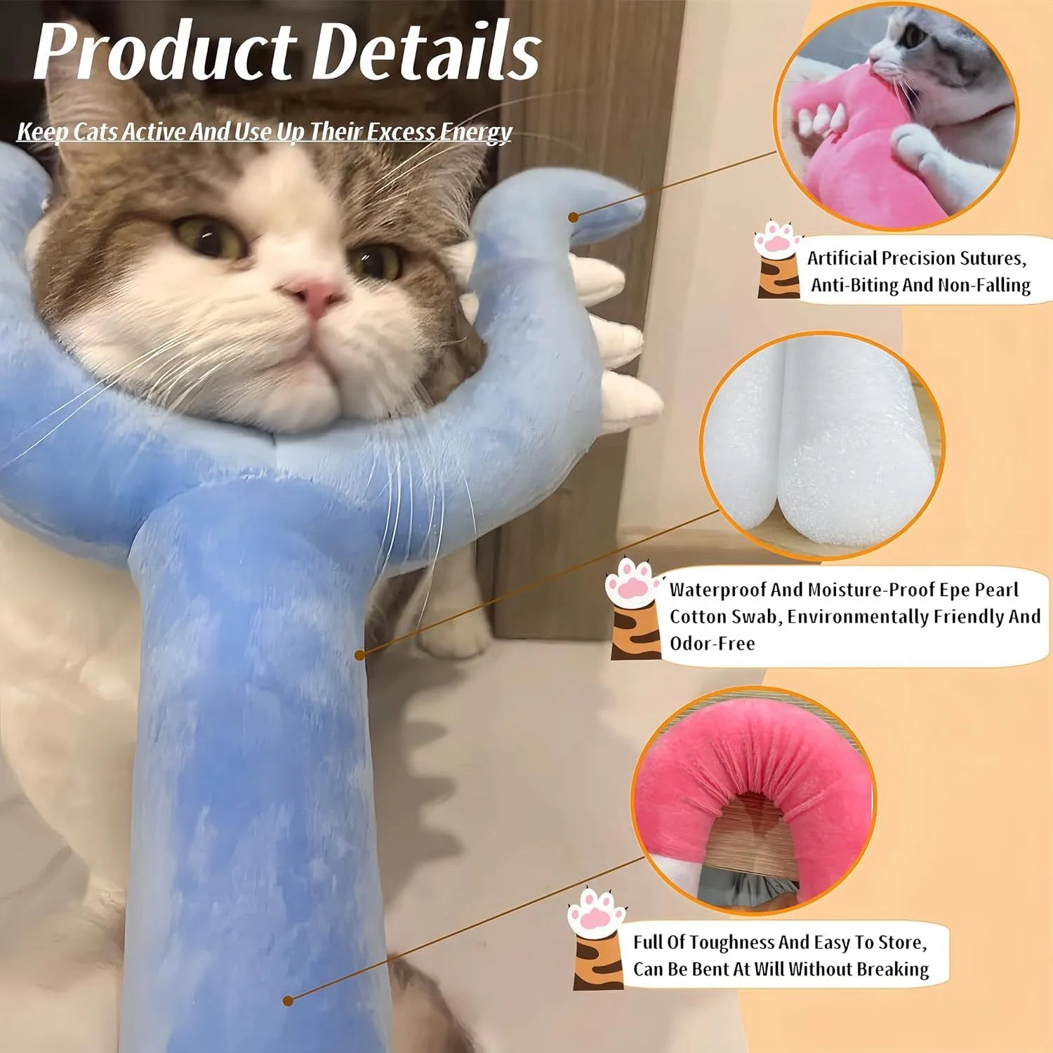 70cm blue plush cat wand toy with foam-filled front section for indoor play with cats and dogs