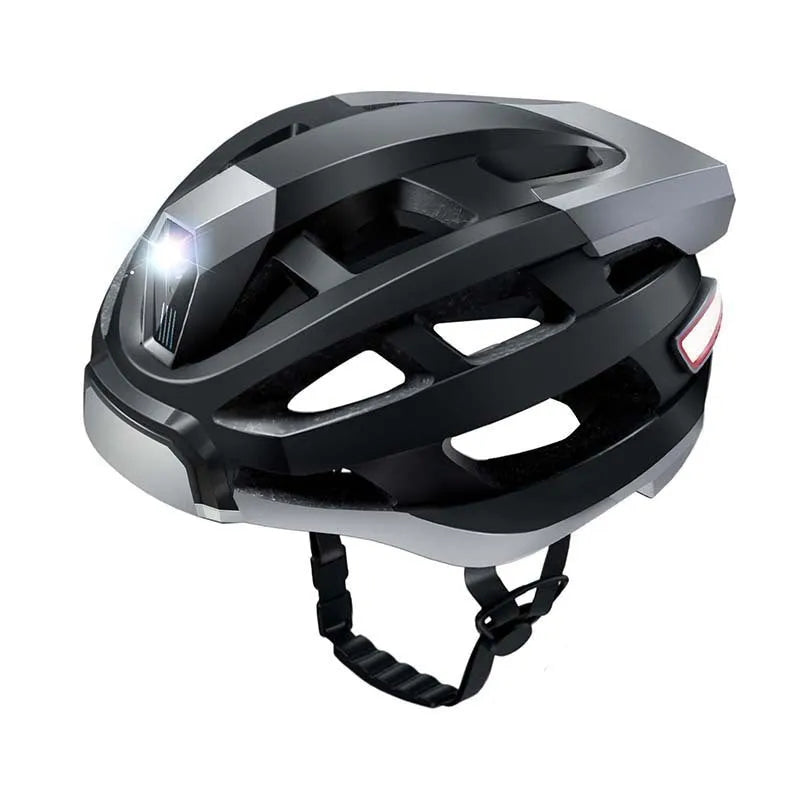 Black and grey smart riding helmet with integrated warning light on the rear, showing USB charging port.