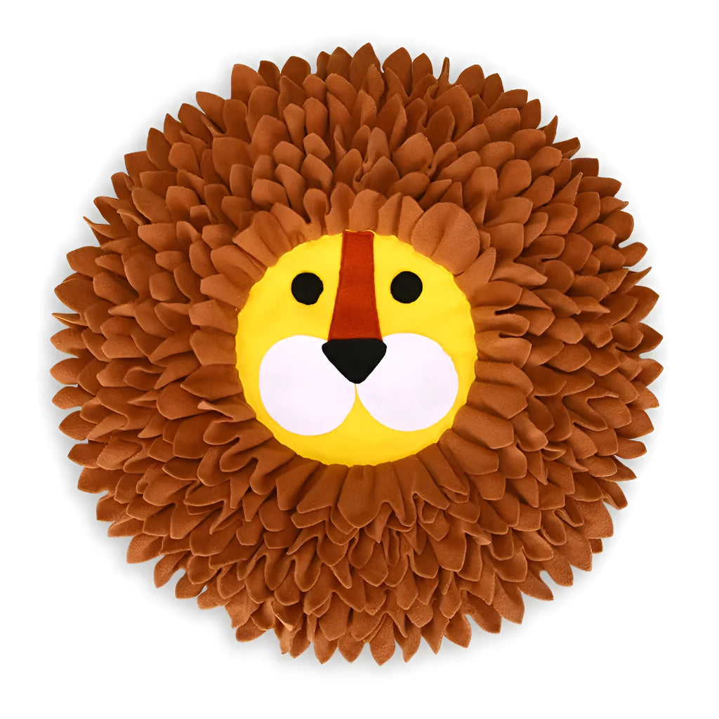 Brown lion-shaped fabric snuffle mat pet toy for dogs and cats