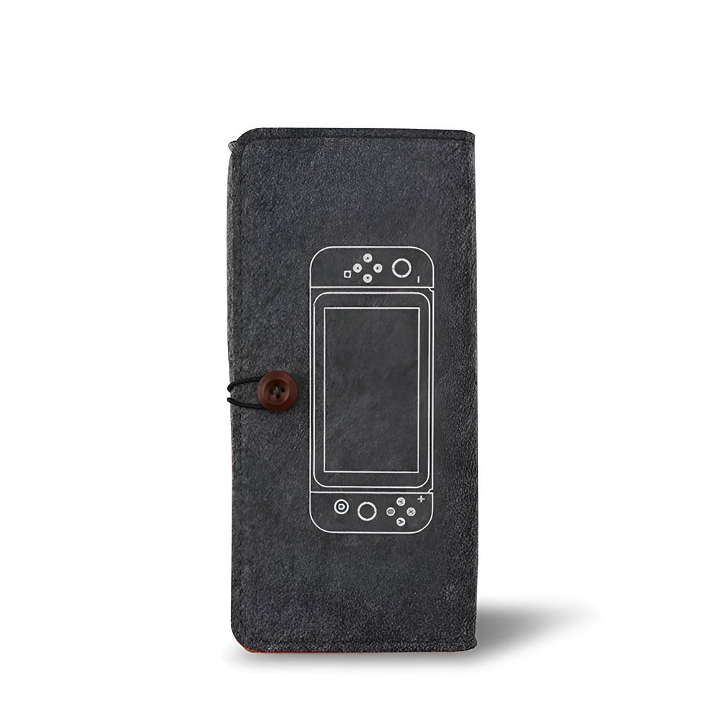 Black felt pouch for Nintendo Switch console with game card slots and accessory compartments
