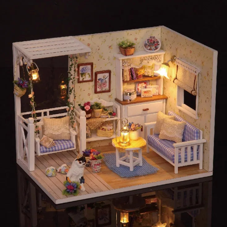 Wooden DIY miniature doll house kit with furniture pieces, available in style A and B.