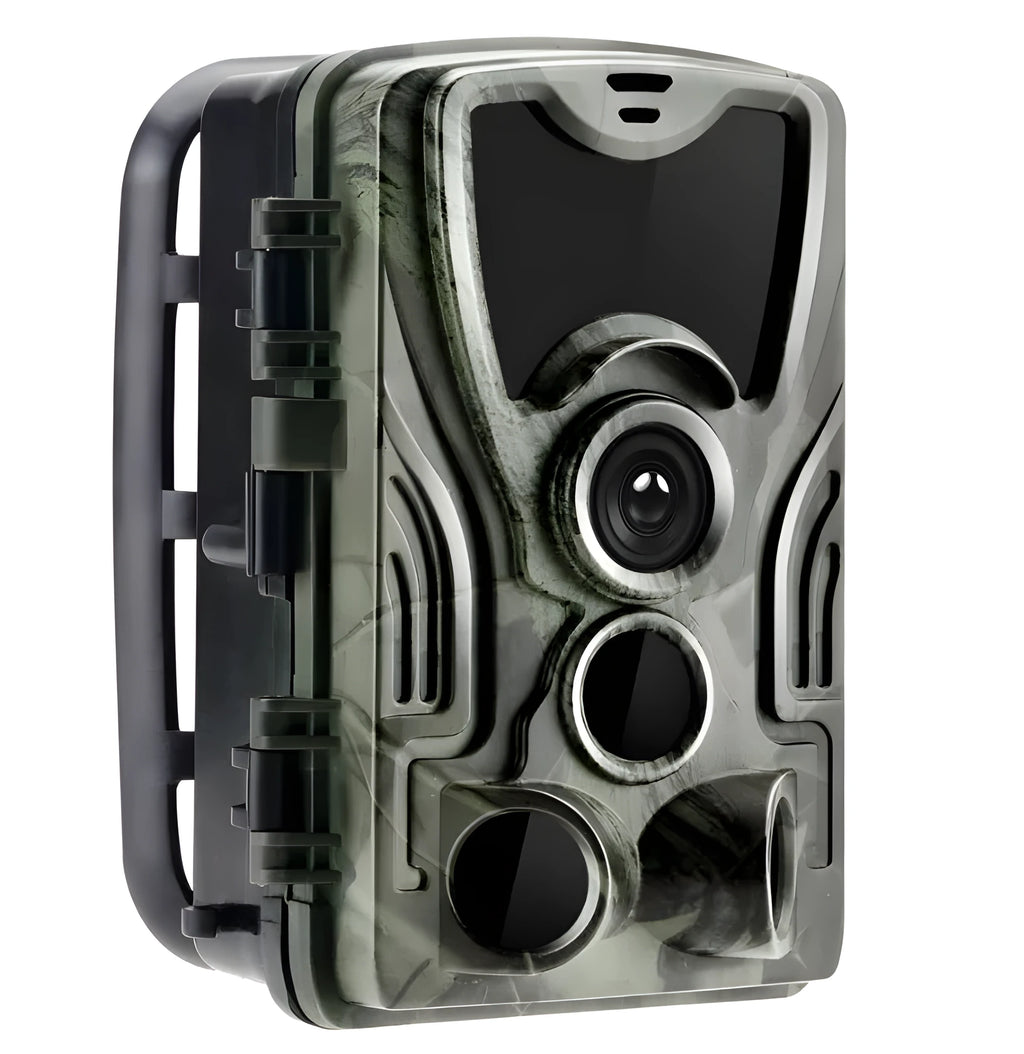 Green cellular trail camera with display screen and infrared sensors for outdoor wildlife monitoring