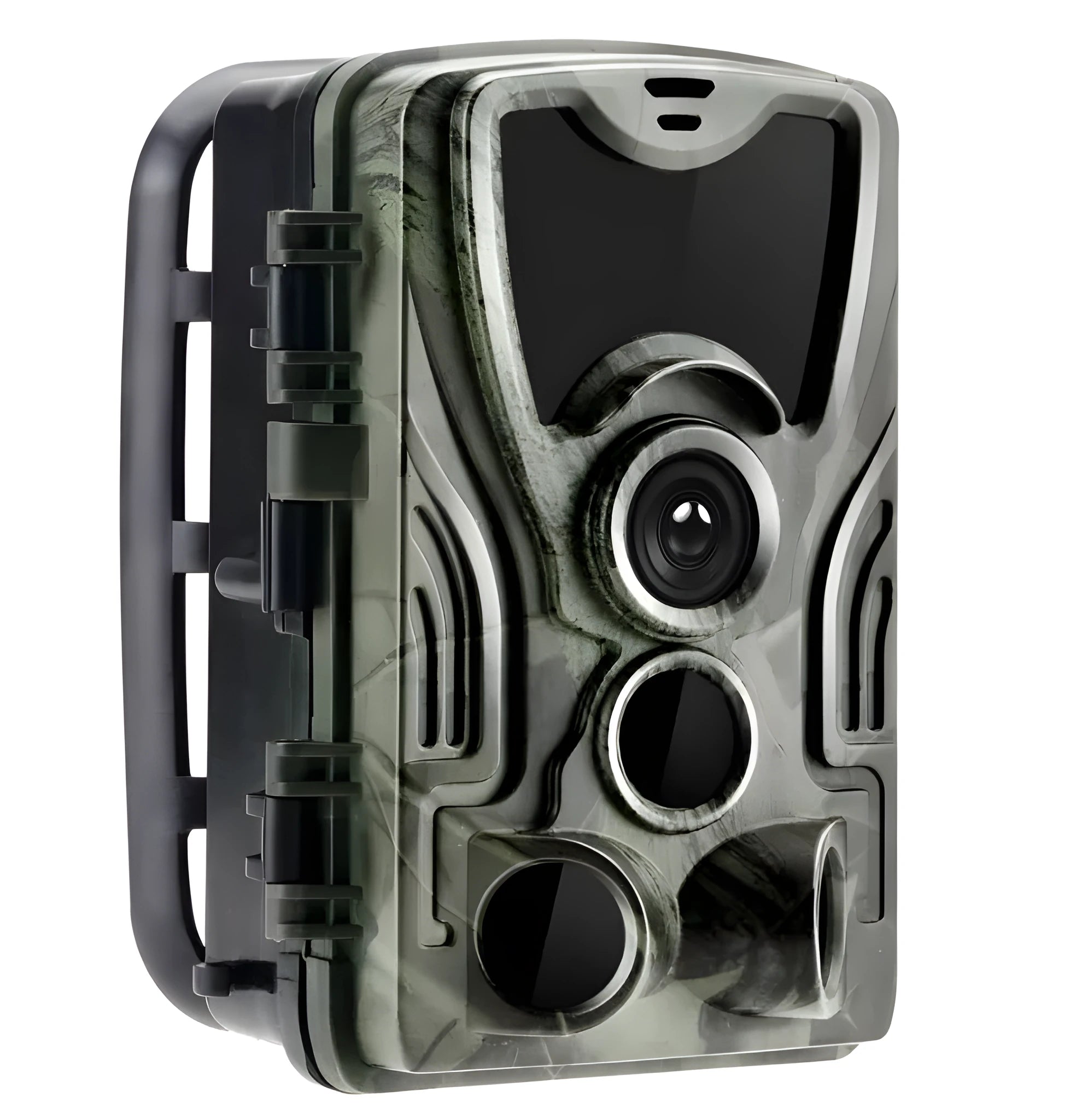 Green cellular trail camera with display screen and infrared sensors for outdoor wildlife monitoring