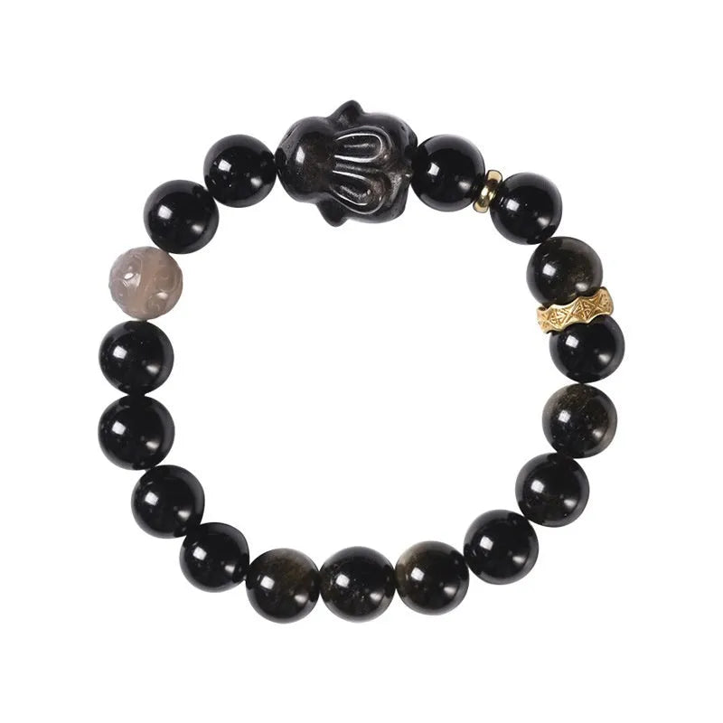 Handmade lying rabbit obsidian bracelet with Jin Yaoshi and brass beads, available in 8mm and 10mm sizes.