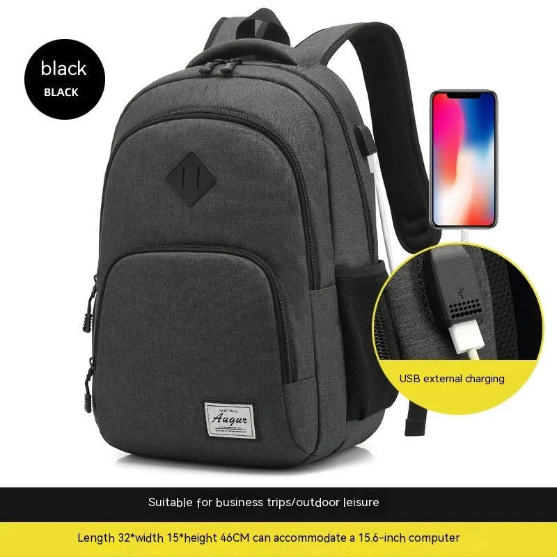 Lightweight grey USB charging backpack with trolley sleeve shown next to a smartphone.