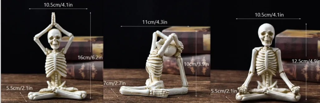 A detailed resin desktop ornament of a yoga-pose skeleton skull in black and white colour options.
