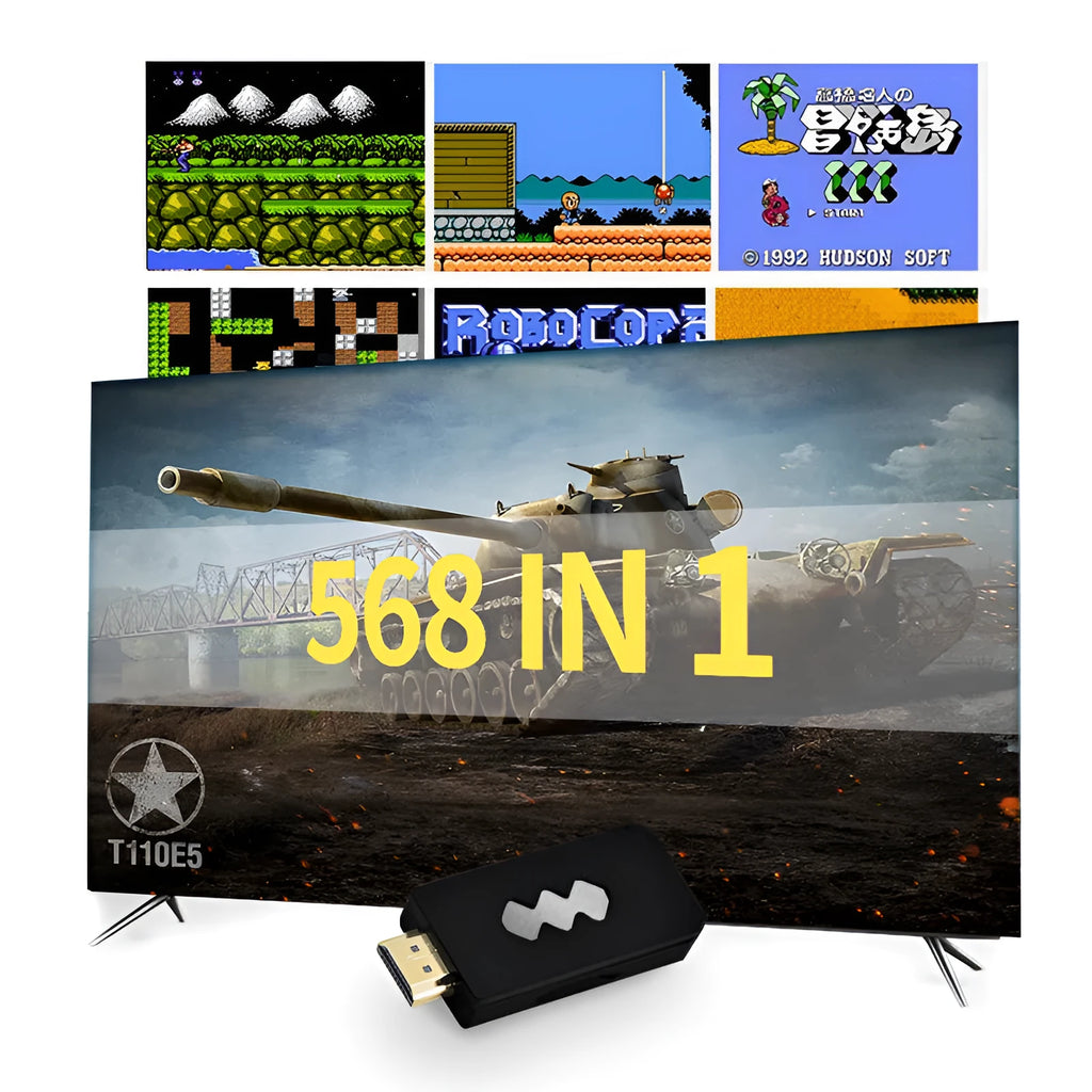 4K HDMI video game console with two wireless controllers and USB cable in colour box packaging