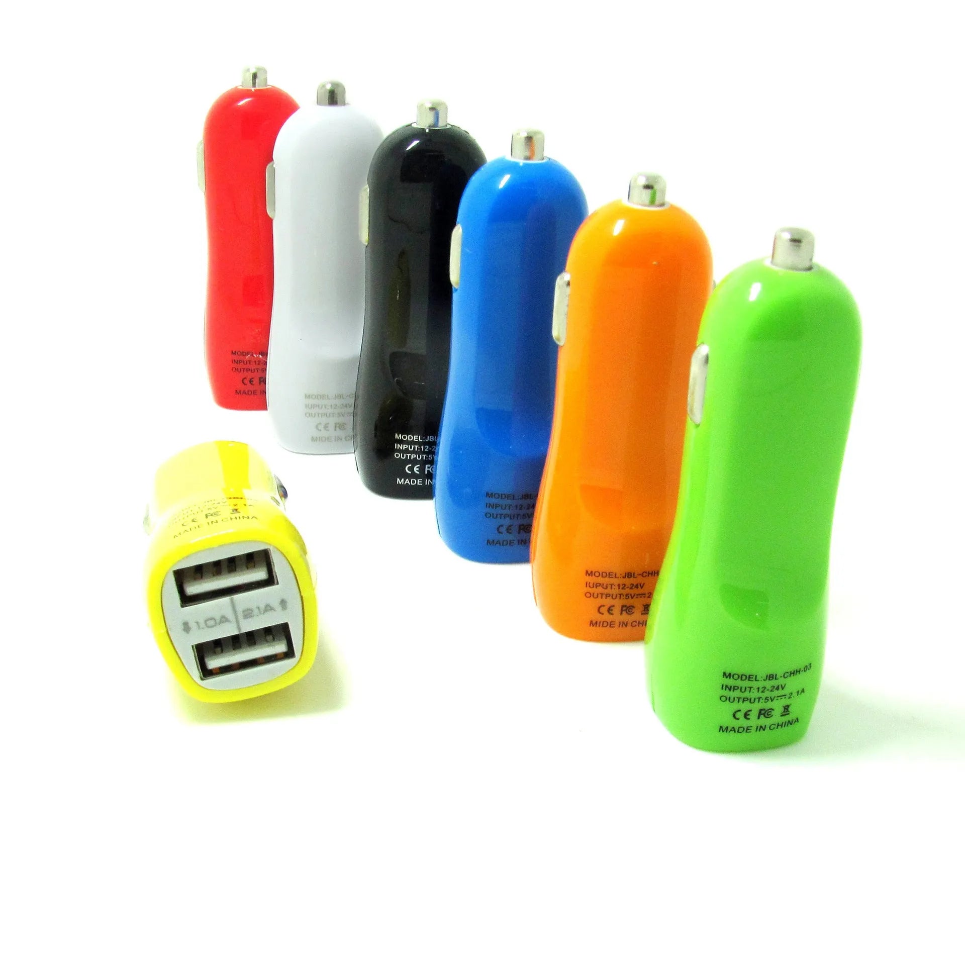 Dual USB car charger with blue LED indicator light and piano paint finish measuring 6x4.2x4.2cm