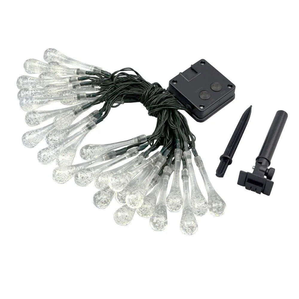 Solar-powered outdoor string lights with water drop shaped pendants on a 6.5 metre cable.