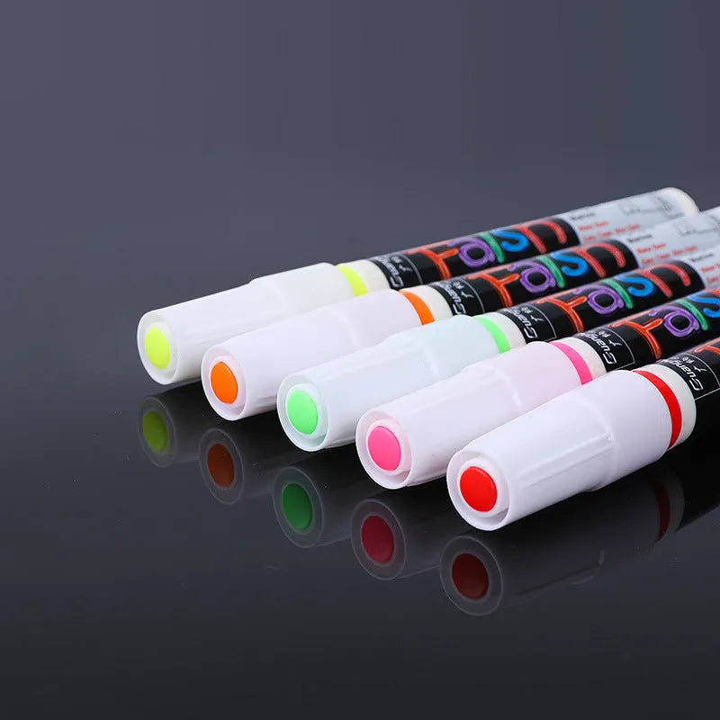 Electronic fluorescent board highlighter with plastic body and 6mm oblique tip, shown with multicolour refill set on card packaging.