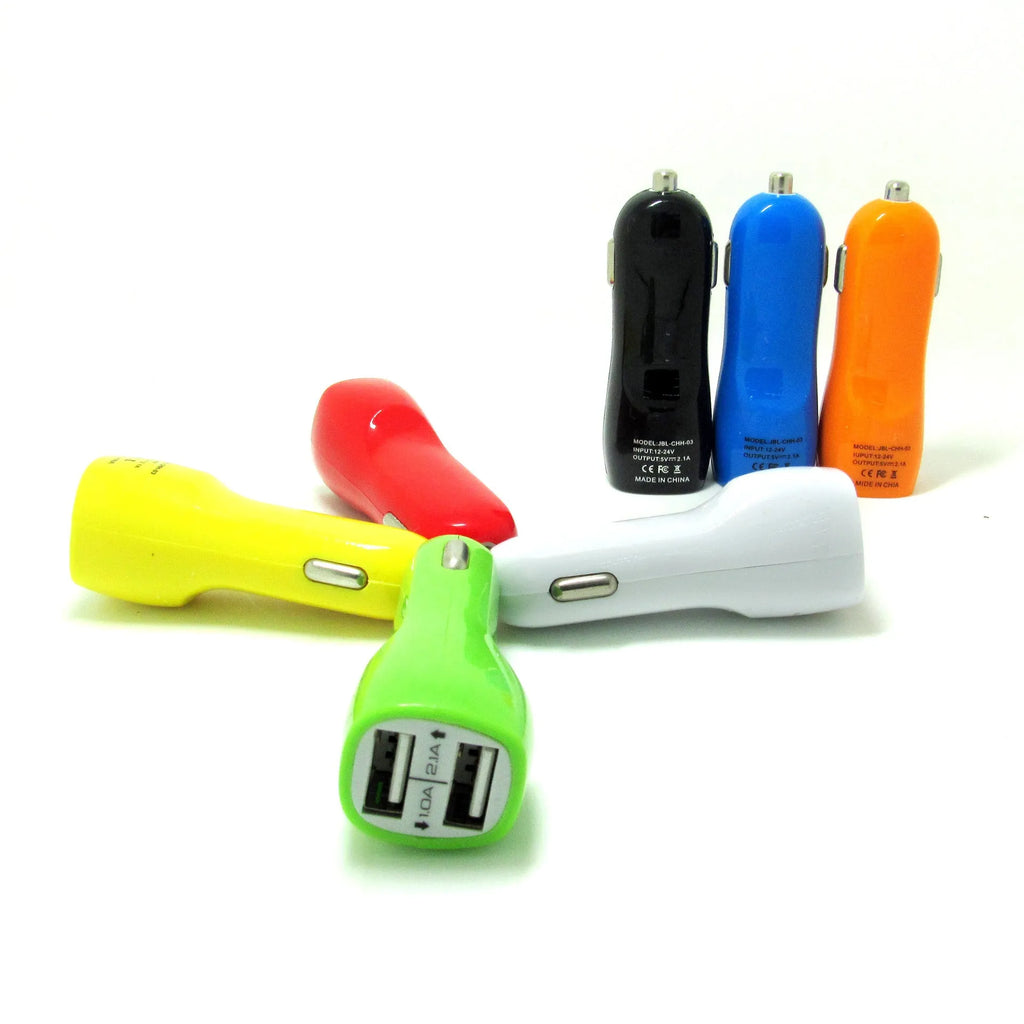 Dual USB car charger with blue LED indicator light and piano paint finish measuring 6x4.2x4.2cm
