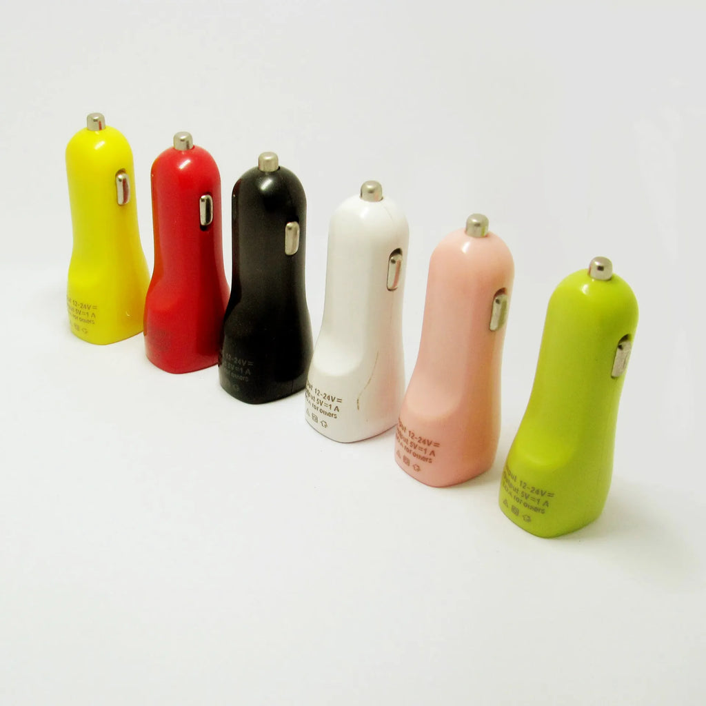 Dual USB car charger with blue LED indicator light and piano paint finish measuring 6x4.2x4.2cm