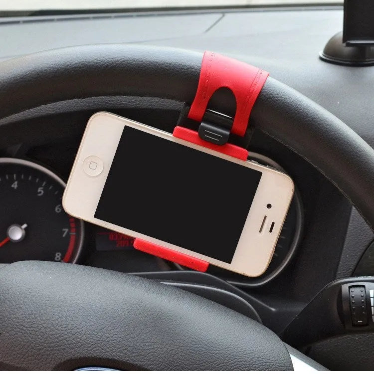 Black universal steering wheel phone clip mount holder showing phone compatibility.
