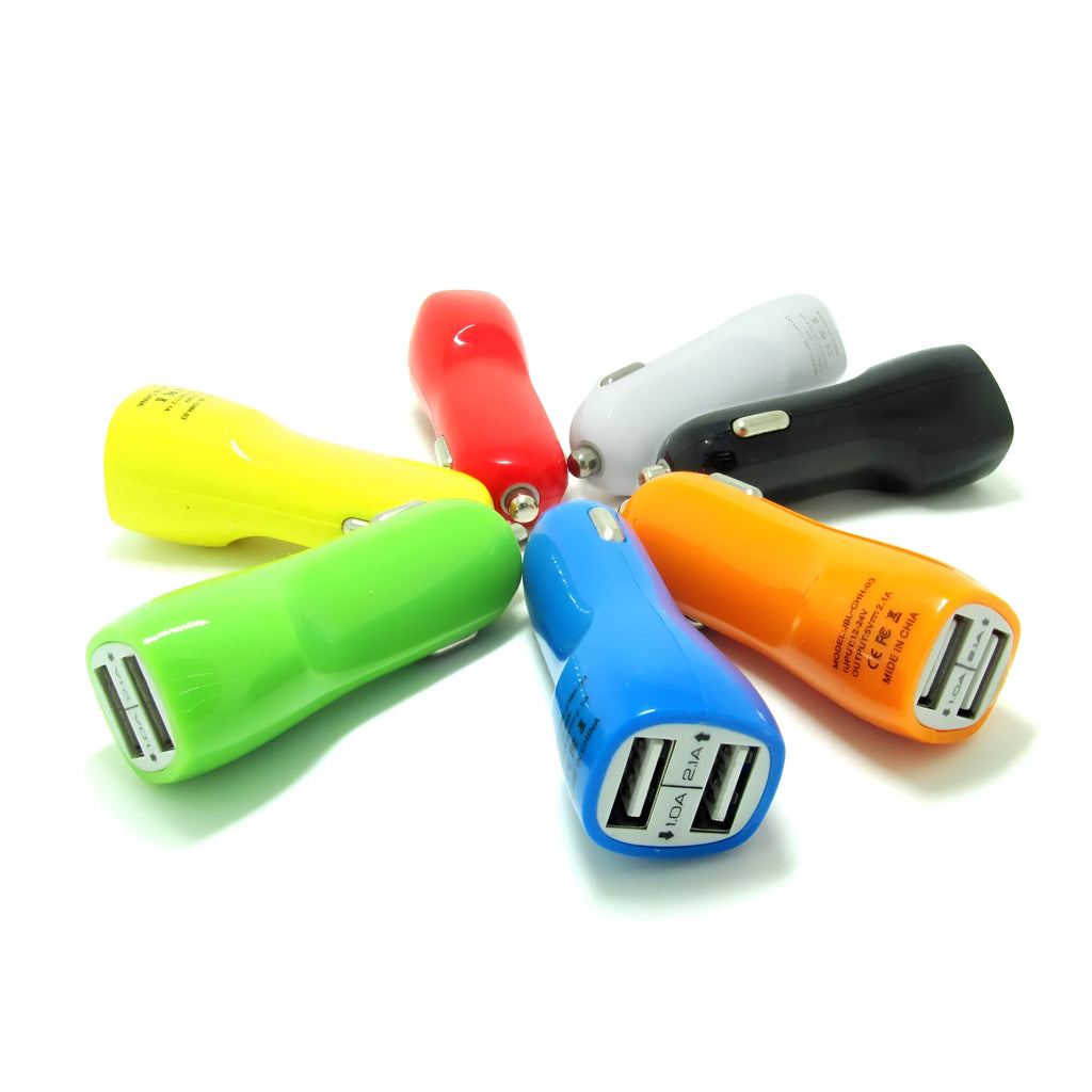 Dual USB car charger with blue LED indicator light and piano paint finish measuring 6x4.2x4.2cm