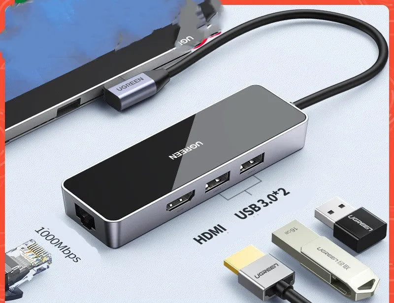 Space gray multi-function USB 3.0 adapter with HDMI, Gigabit Ethernet, and dual USB 3.0 ports on 0.2m cable