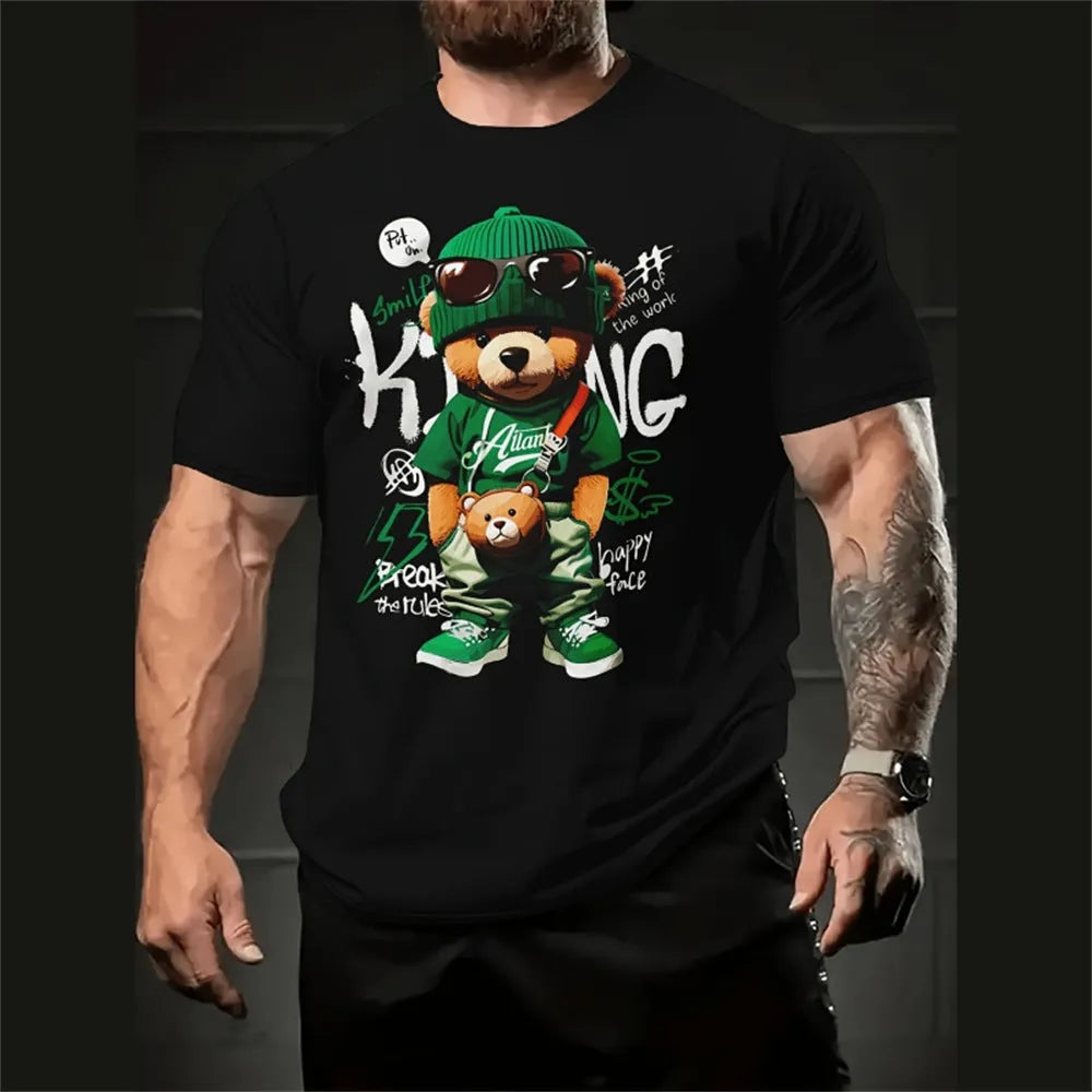 Men's loose fit t-shirt with 3D cartoon print on linen milk silk fabric