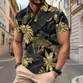 Men's gold tropical plant pattern printed short sleeve shirt on hanger