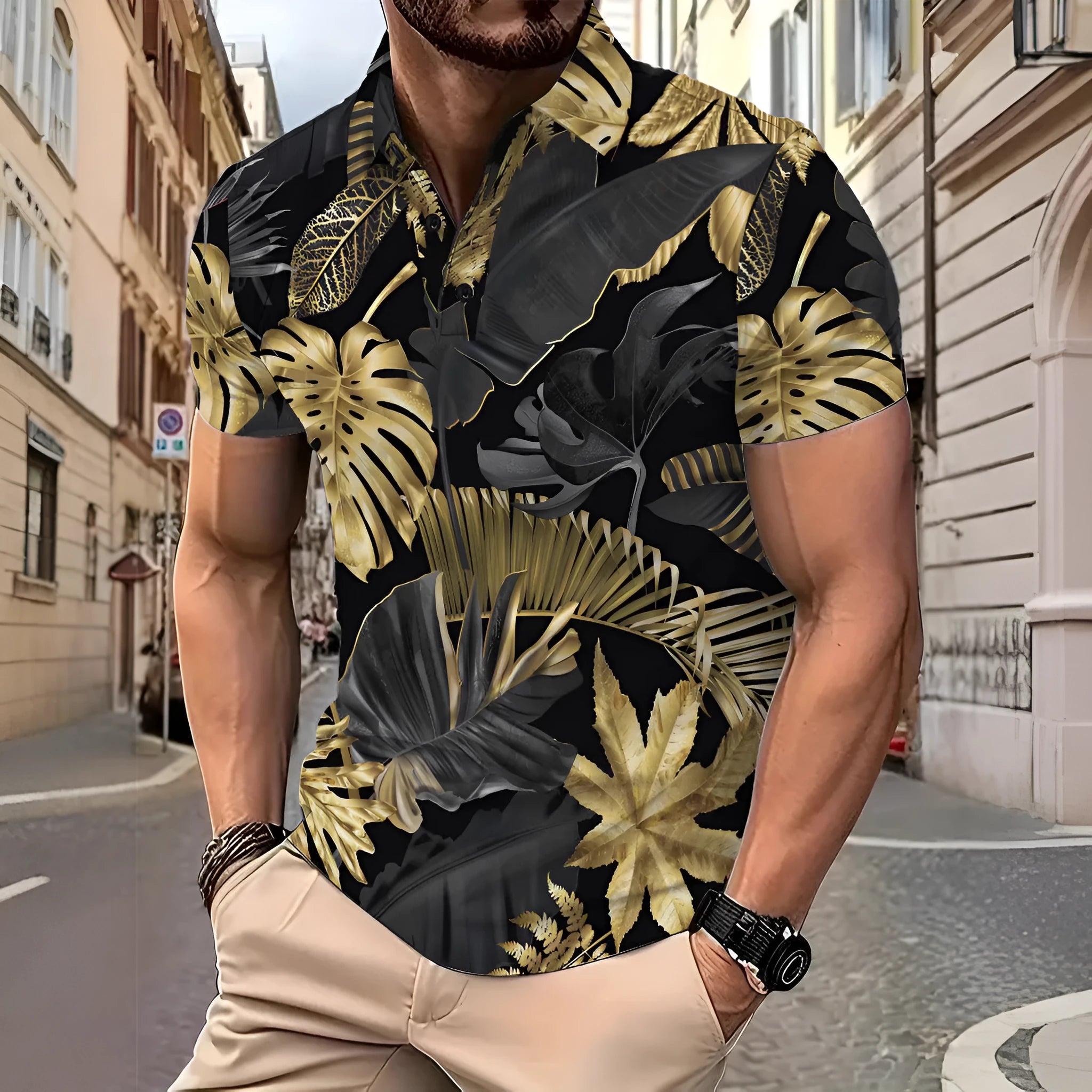 Men's gold tropical plant pattern printed short sleeve shirt on hanger