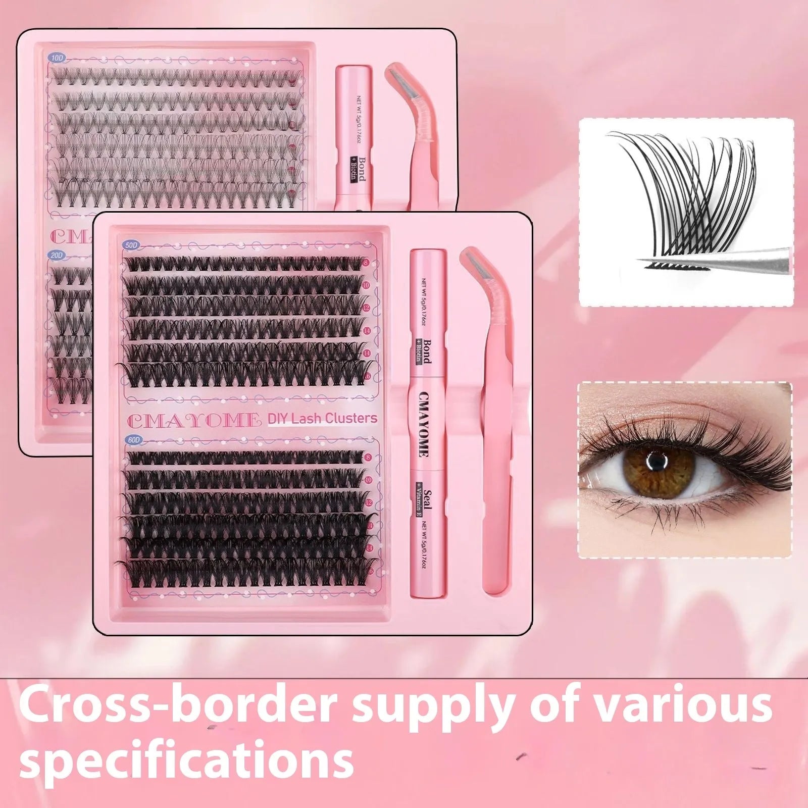 DIY single cluster individual false eyelashes set with artificial fibre mixed split type design showing 15.5 cm length