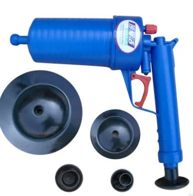 Plastic high-pressure drain blaster gun with four different sized adaptors for unblocking sinks and toilets