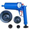 Plastic high-pressure drain blaster gun with four different sized adaptors for unblocking sinks and toilets