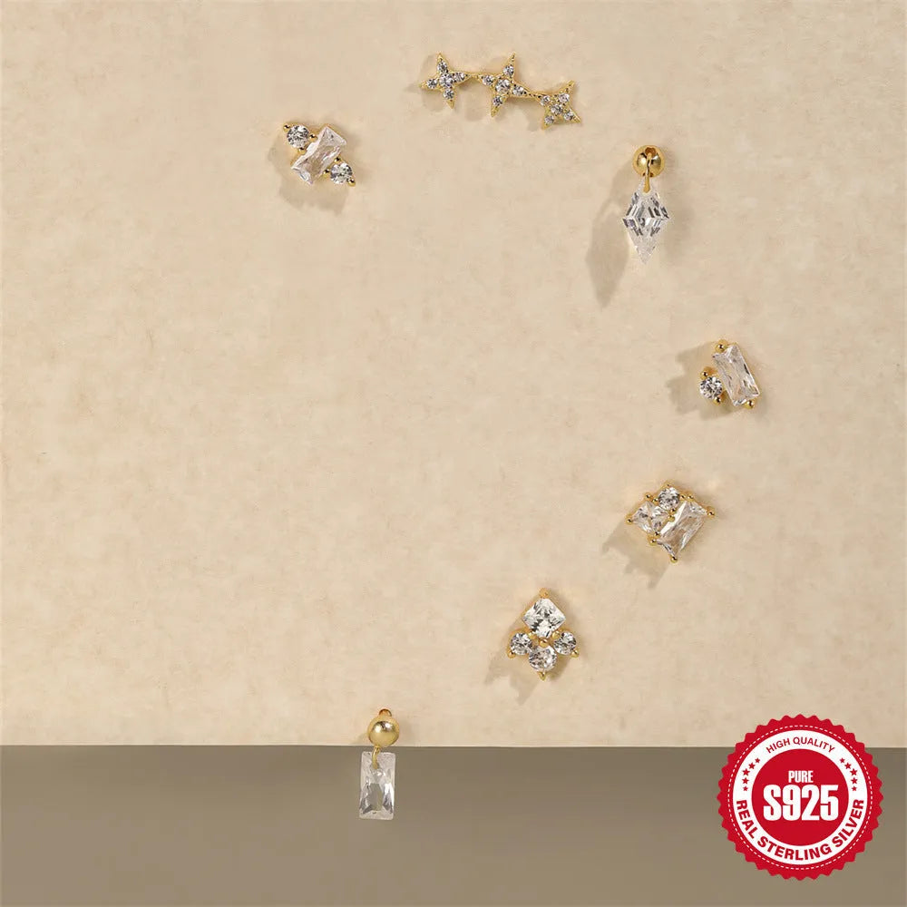 S925 sterling silver red earrings with gold electroplated finish, flower-shaped square gravel stud design
