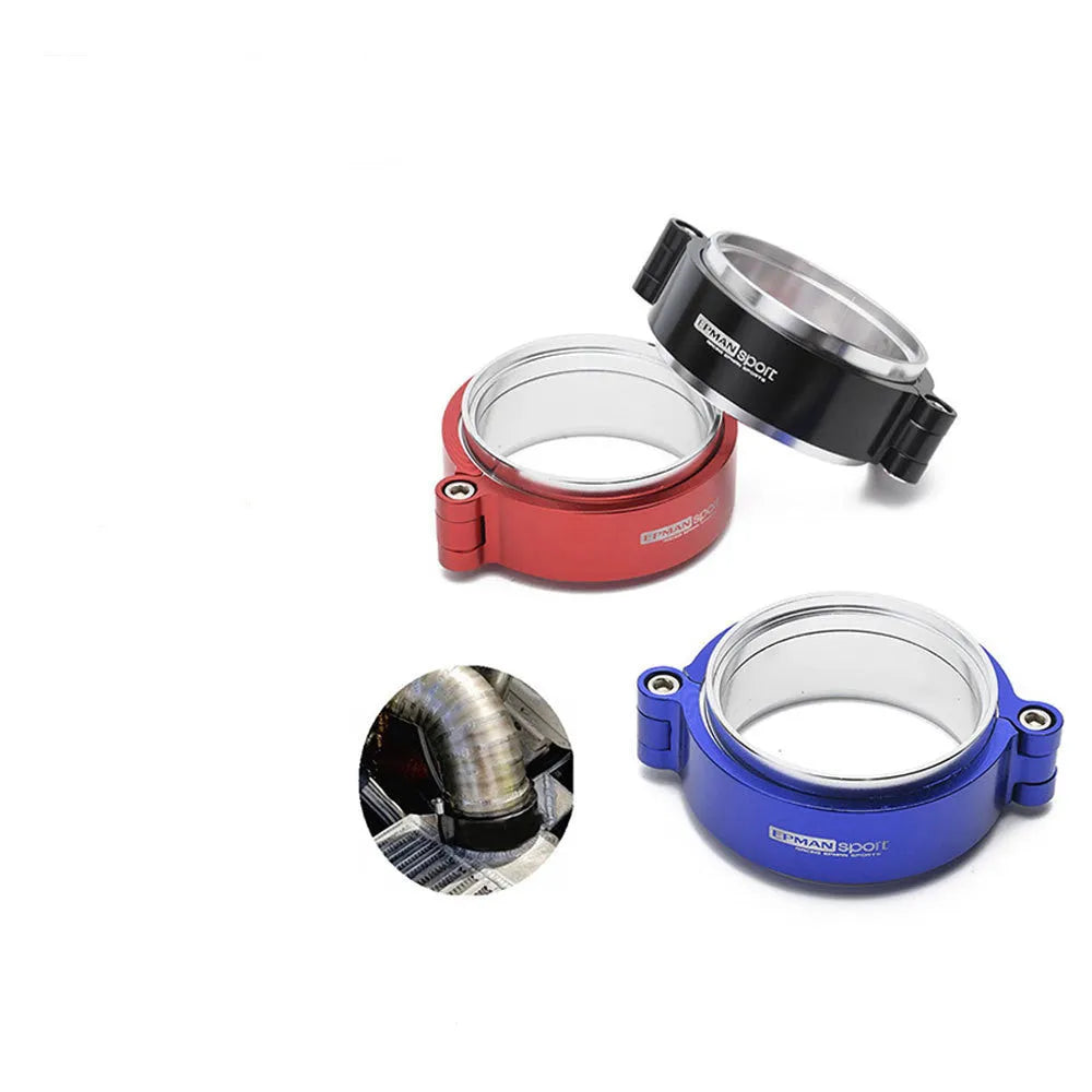 Aluminium fixed movement exhaust clamp in black, blue, or red for 2-inch to 4-inch downspouts.