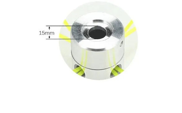 Silver aluminium lawn mower cutting head with four light yellow square grass strings and installation tools