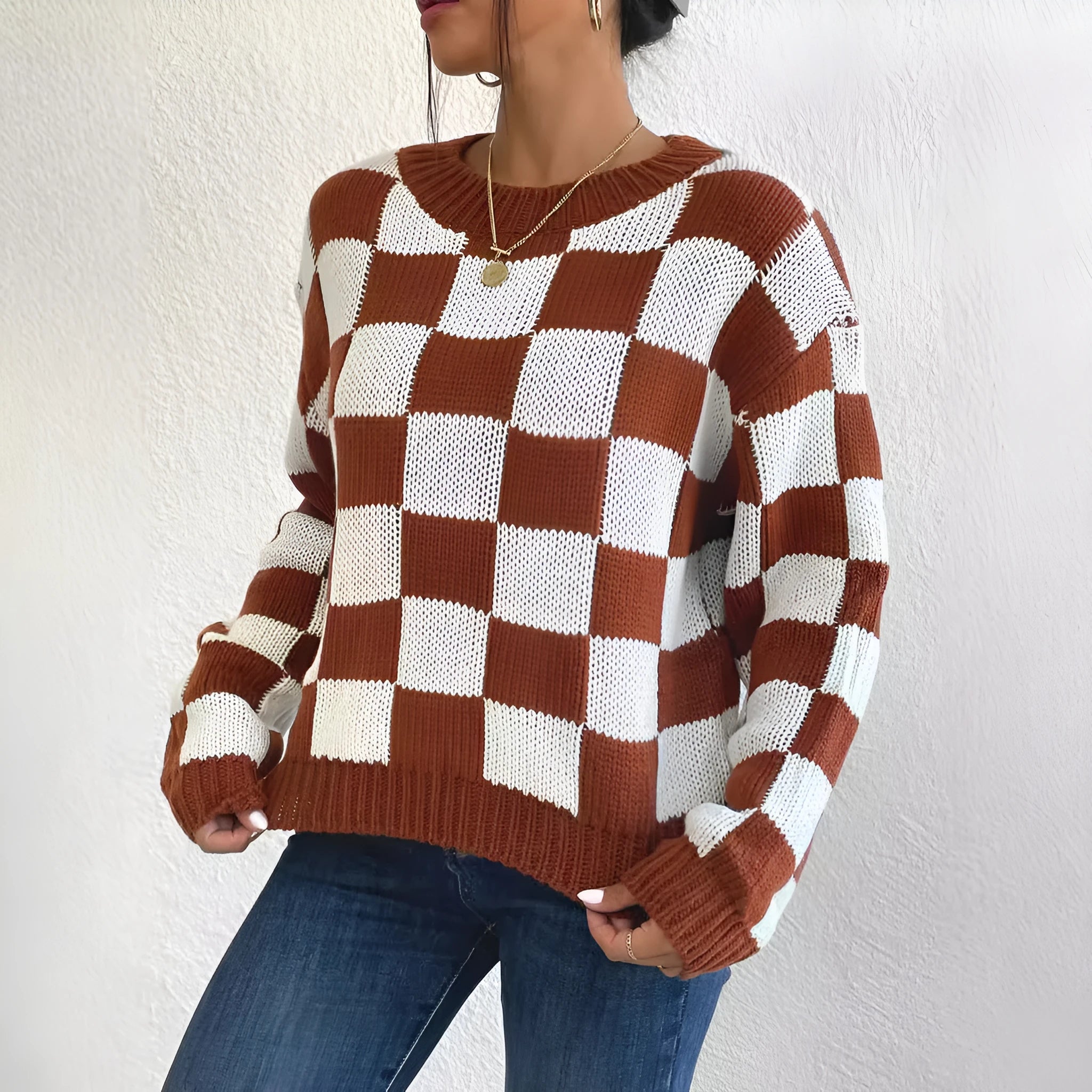 Dark brown plaid pattern women's loose-fit acrylic pullover sweater with long sleeves