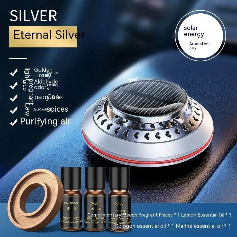 Solar-powered aluminium alloy car air freshener with essential oil and fragrance slices for odour removal