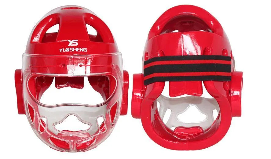 Karate boxing helmet protective equipment in white, blue and red colours showing head coverage design