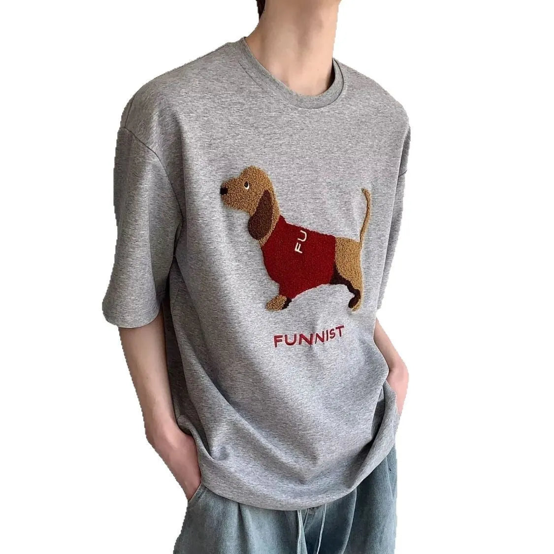 Grey men's cotton T-shirt with an embroidered sausage dog design on the front.