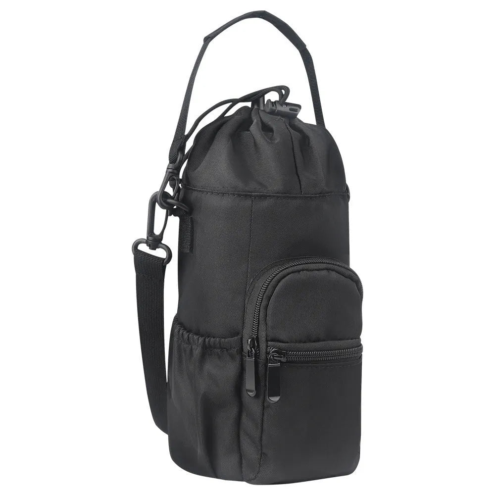 Canvas water bottle pouch with crossbody strap in black, green, or pink colour